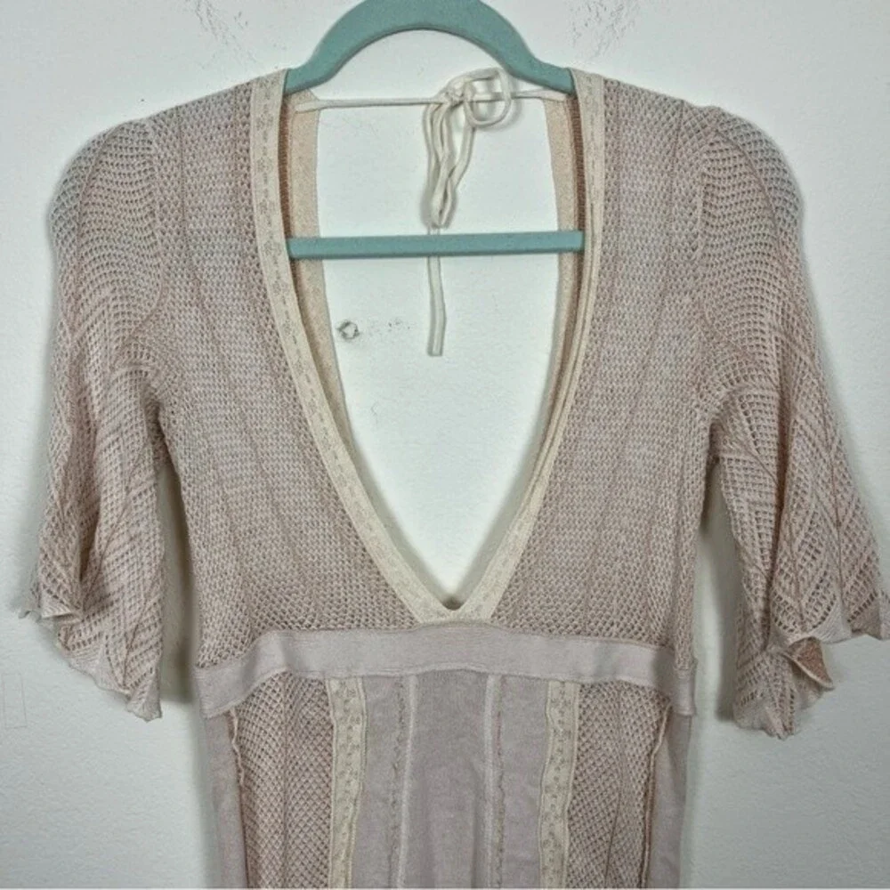 Free People Deep V Knit Ivory/Pink Boho Chic Mini Dress- Size Small - Picture 7 of 8